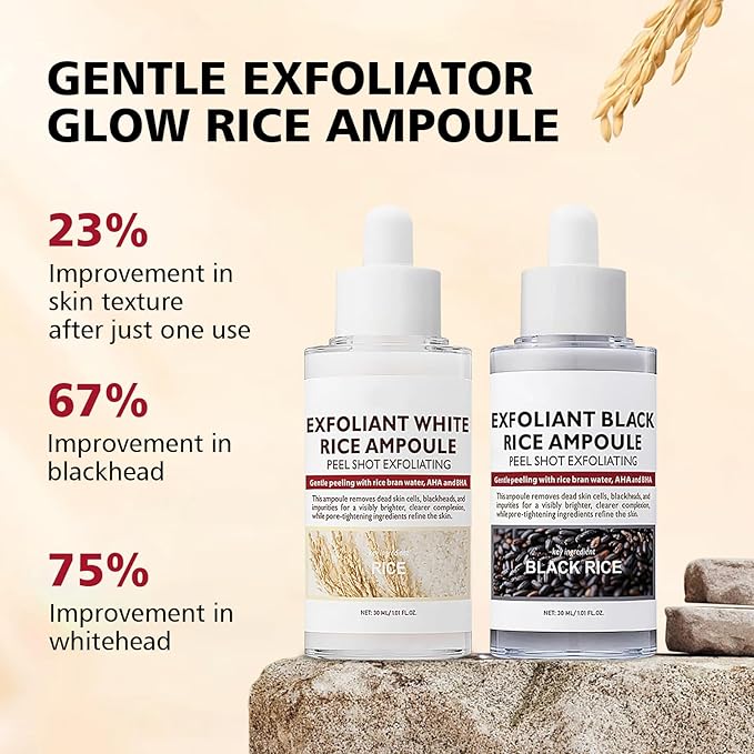2PCS Rice Exfoliating Ampoule Set, Black & White Rice Exfoliant Brightening Duo for Glowing Skin, Gentle Peel & Pore Minimizing & Deep Hydration for All Skin Types