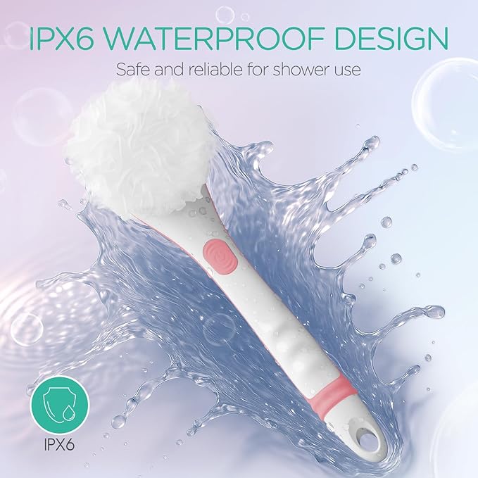 VOYOR Electric Body Brush Back Scrubber for Shower Rechargeable Exfoliating Bath Brush Powered Shower Brush with Non-Slip Long Handle Deep Cleansing, Exfoliation, Massaging Spin Brush BC100 (Pink)