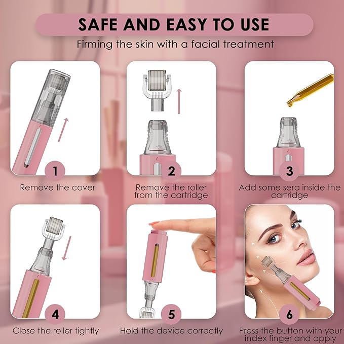 Derma roller with Reservoir for Lips, Skin, Hair, Wrinkles, Stretch Marks, Hyperpigmentation INSTANT SERUM APPLICATION, 105 Titanium Needles 0.25 mm