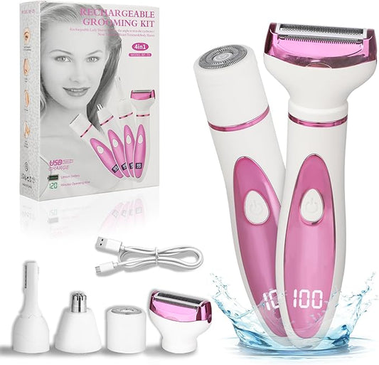 Wet & Dry Electric Razor for Women Men,4 in 1 Rechargeable Led Display Electric Shaver and Facial Hair Remover,Painless Ladies Body Razors for Nose Face Body Leg Bikini Arm Hair (Purple)