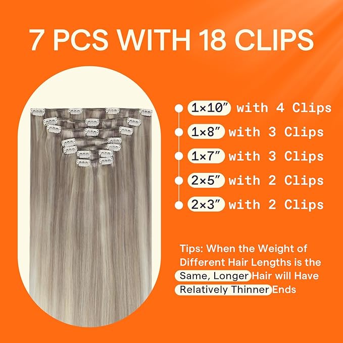 Full Shine Blonde Highlights Human Hair Extensions Clip ins 20 Inch Gray Highlights Platinum Blonde Remy Hair Clip in Extensions Silky Long Straight 120 Grams