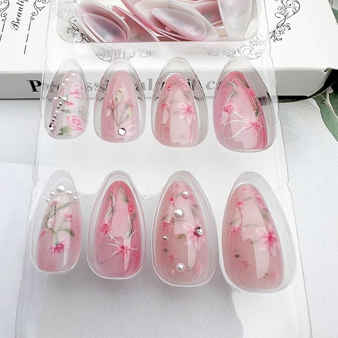 Peach Blossom Press on Nails Short Medium Almond Fake Nails with 3D Pearl Diamond Designs Pink Flower Full Cover Stick on Nails Pink White Gradient Glossy Acrylic False Nails for Women 24Pcs