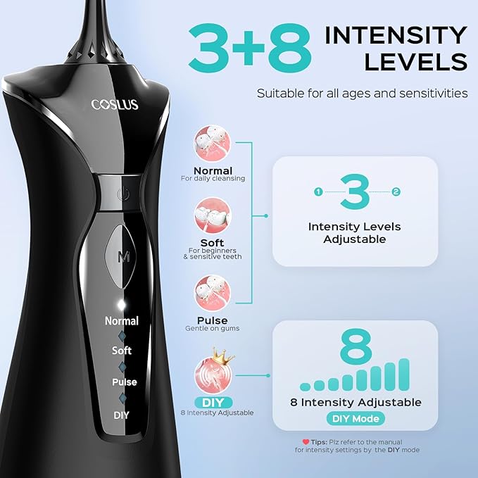 COSLUS Water Dental Flosser Pick for Teeth: 4 Modes Cordless Portable 300ML Larger Tank Water Teeth Cleaner IPX7 Waterproof Flossing Cleaning Picks for Home Travel Black C30(FC5360)