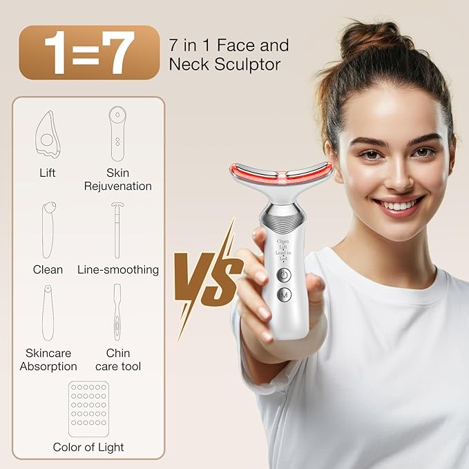 Face and Neck Massager, 7-in-1 Multifunctional Facial Massager Tool with 4 Modes, Portable Facial Skin Care Tools, Beauty Device for Home Travel