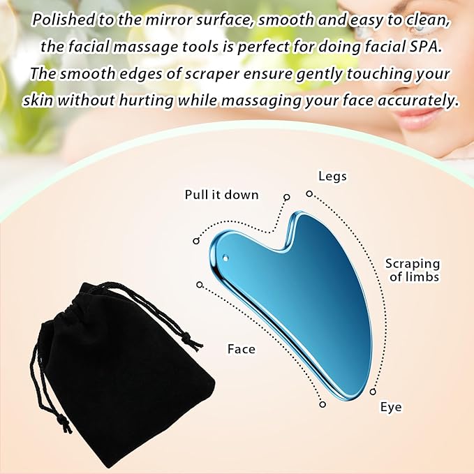 Nuanchu Stainless Steel Gua Sha Facial Tools Metal Guasha Tool for Face Body Jawline Shaper, Double Chin Reducer, Puffiness Reducing, Lymphatic Drainage Massager Skin Care Gift with Pouch(Blue)