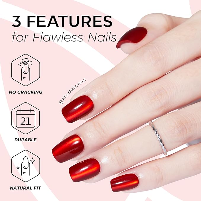 Modelones Red Cat Eye Press on Nails, Christmas Short Square Fake Nails, Reusable Nail Kit with Nail Glue Adhesive Tabs Mini Nail File, Nails Press Ons 32Pcs16 Sizes, Women Girl Gift