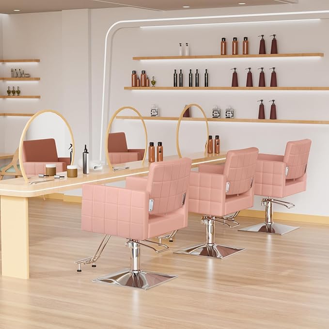 OmySalon Hydraulic Styling Chair for Hair Salon, Modern Pink Hairdressing Barber Chair w/Square Base & Footrest, 360 Degrees Swivel, Beauty Spa Equipment