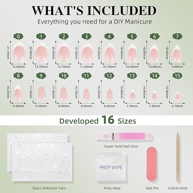 French Tip Press On Nails - Snowveil Short Almond Snowflake Nails with French Tips, Winter Press On Nails Reusable Stick On Nails in 16 Sizes, 32pcs False Nail Kit for Women & Girls