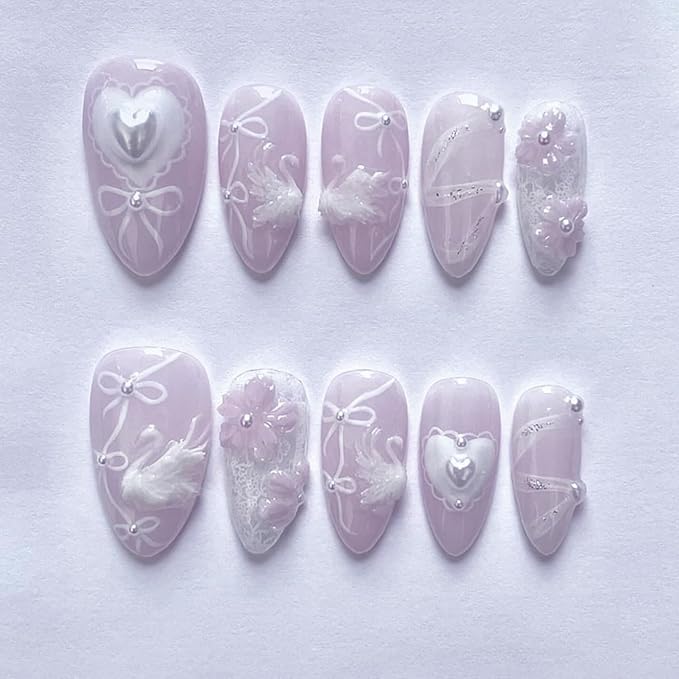 24Pcs Almond Press on Nails Medium Light Purple Fake Nails with Pearls Charms 3D Swan Ribbon Heart Luxury Nail Design Cute Bow False Nails Glossy Reusable Acrylic Glue on Nails for Women