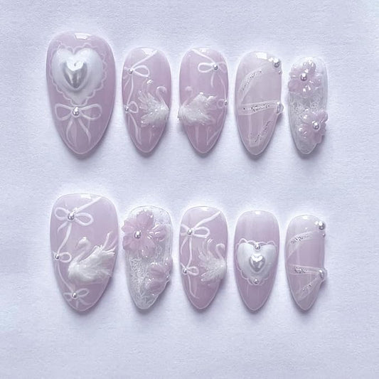 24Pcs Almond Press on Nails Medium Light Purple Fake Nails with Pearls Charms 3D Swan Ribbon Heart Luxury Nail Design Cute Bow False Nails Glossy Reusable Acrylic Glue on Nails for Women