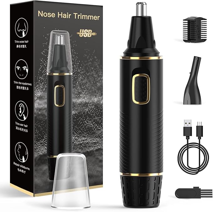 Nose Hair Trimmers for Men，Rechargeable Hair Trimmer 2 in 1 Painless Multifunctional Ear and Nose Hair Trimmer with IPX7 Waterproof Dual Edge Blades (Black Gold)