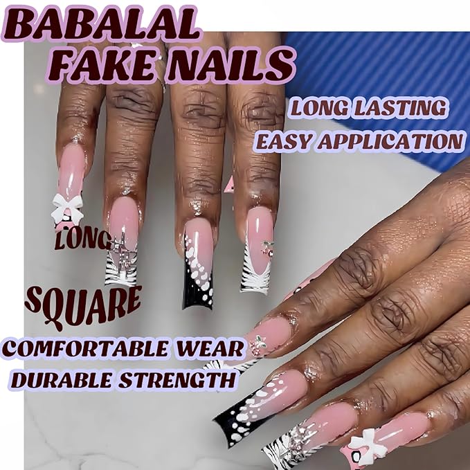 BABALAL Square Press on Nails Long Fake Nails Black Gothic Nails French Tip Acrylic Nails Zebra Y2k False Nails with Bow Cherry Star Charm Handmade 24pcs Full Cover Squoval Nails for Women Girls
