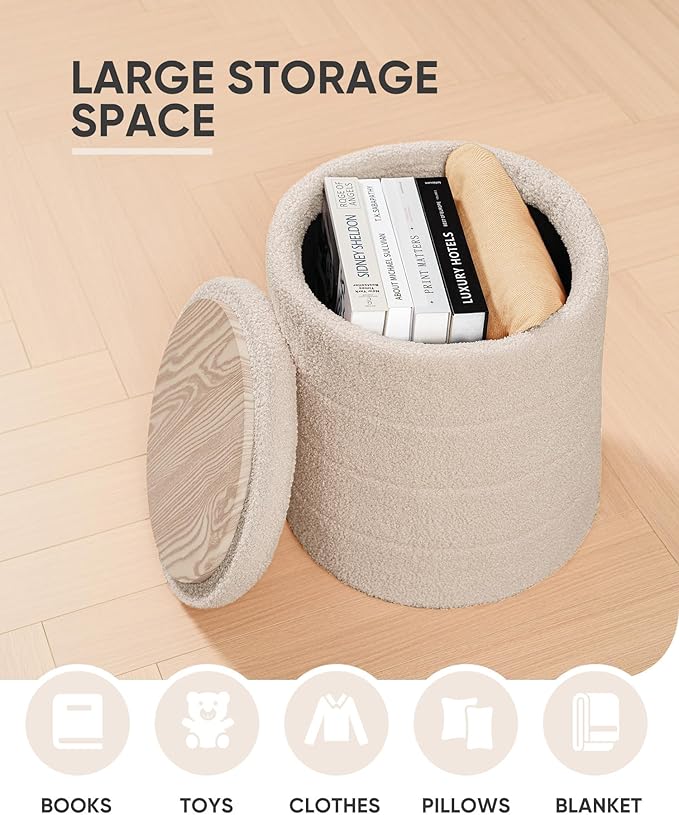 B FSOBEIIALEO Ottoman with Stroage, Round Sherpa Storage Ottoman Stool, Boucle Foot Rest 14.6"x14.6"x17.7"（Beige