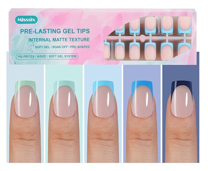 Misssix French Gel Nail Tips, 160Pcs Blue French Tip Press on Nails Short Square, No Need to File Tips Pre-lasting, Fake Nails for Nail Art DIY 16 Sizes