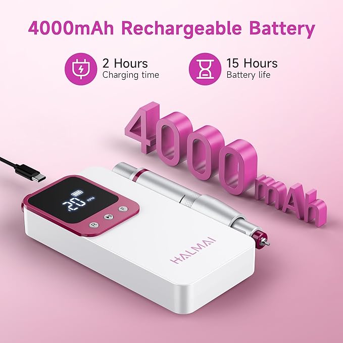 Electric Nail Drill Professional, Portable Nail File for Acrylic Gel Nails, Cordless Rechargeable Ultra Power Nail Drill Kit 40000RPM, HMC320 Salon-Grade Efile Nail Machine (White)