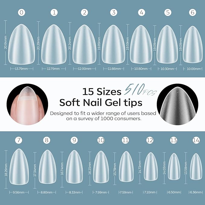 modelones Short Almond Fake Nail Tips - 510Pcs Full Matte Gel Tips Pre-shaped Full Cover Clear Acrylic Gel Kit False Press on Nails for Extension DIY Salon 15Sizes