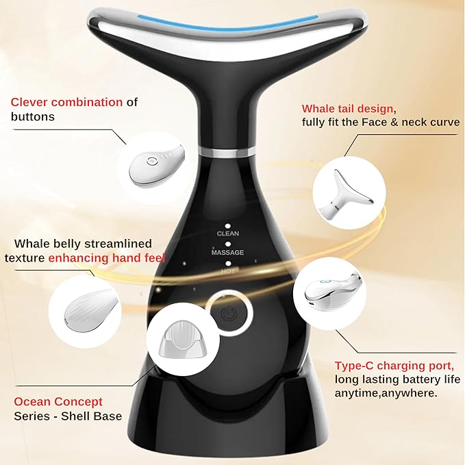 VIMINTO 3-in-1 Face Massager – Facial Massager Tool with Soothing Heat, Vibration, and Smart Touch – Red, Blue & Green Light Modes for Relaxation and Radiance – Compact & Portable - Black