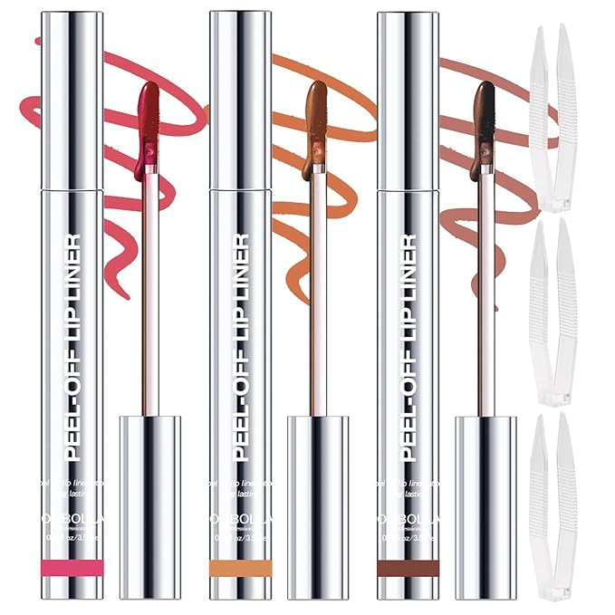 3 Colors Peel Off Lip Liner Stain with Tweezer, Long Lasting Waterproof Lip Tint Stains Makeup Set with Matte Finish for Women, Natural Look, Easy to Use, for All Skin Types (#0,1,5)