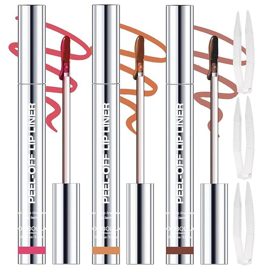 3 Colors Peel Off Lip Liner Stain with Tweezer, Long Lasting Waterproof Lip Tint Stains Makeup Set with Matte Finish for Women, Natural Look, Easy to Use, for All Skin Types (#0,1,5)