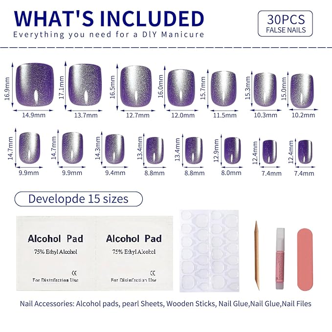 Purple Press On Nails Short - Lavender Color, Cat Eye Press On Nails Square Fake Nail with Color-Shifting Glow, Reusable Stick On Nails, 15 Sizes - 30Pcs, Glue On Nails for Women, Amethyst Drift