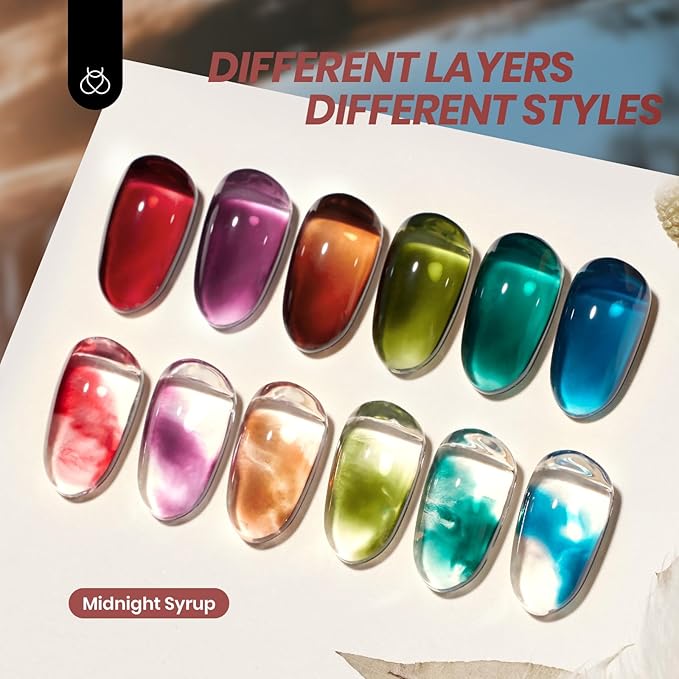Beetles Jelly Gel Nail Polish Set - 6 Colors Mocha Brown Burgundy Red Purple Green Blue Fall Gel Polish Kit Sheer Translucent Effect Soak Off UV Midnight Syrup Nail Art Manicure Gift for Women