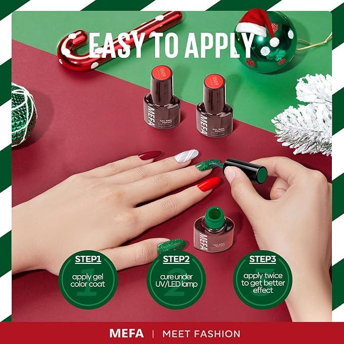 MEFA Christmas Gel Nail Polish Set Limited Edition, 12 Colors Burgundy Red Dark Green Glitter Gel Polish Winter Silver Gold Sparkle Nail Polish Manicure Soak Off Salon Christmas Gifts for Women Girl