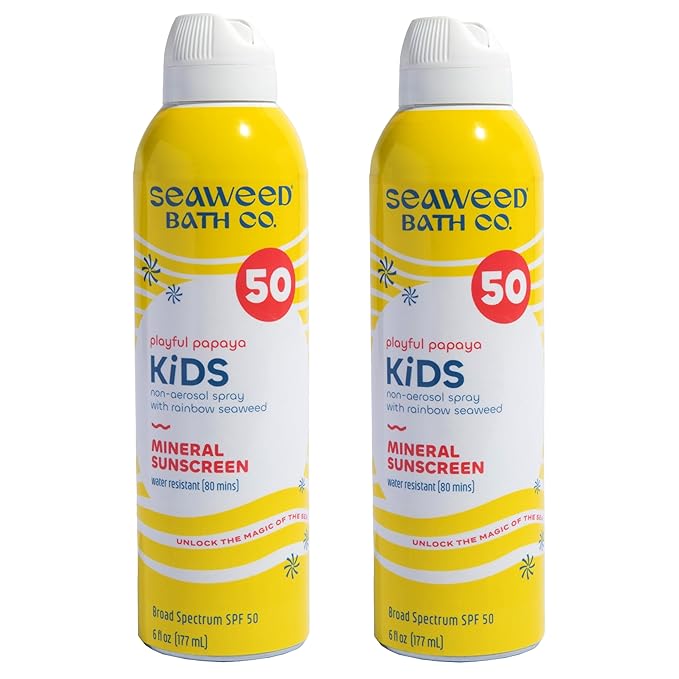 Seaweed Bath Co. Kid's Mineral SPF 50 Broad Spectrum Sunscreen Spray, 6 Ounce (Pack of 2), Papaya Scented, Water Resistant, Tear Free, Sensitive Formula, with Zinc Oxide, Rainbow Seaweed, Watermelon