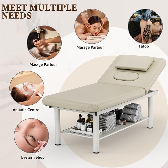 Olela Heavy Duty Stationary Massage Table with Adjustable Backrest, 31.5" Wide Professional Spa Facial & Therapy Bed, Metal Frame PU Leather Treatment Table for Salon & Clinic
