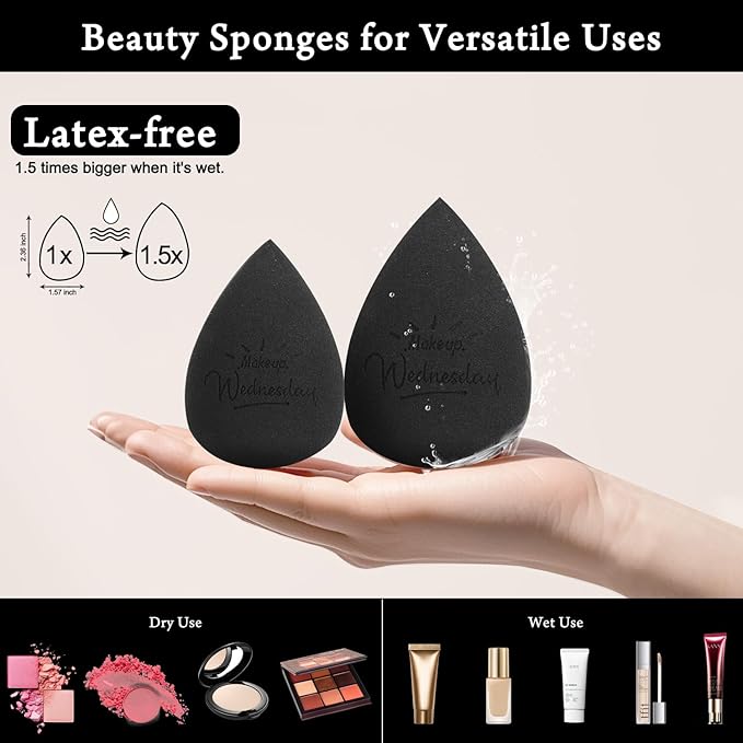 Real Perfection Makeup Sponge Set Blender Sponges, Latex-Free Beauty Makeup Sponges 7 pcs with 1 Travel Container Case for Blending Foundation Liquid Cream and Powder (Black)