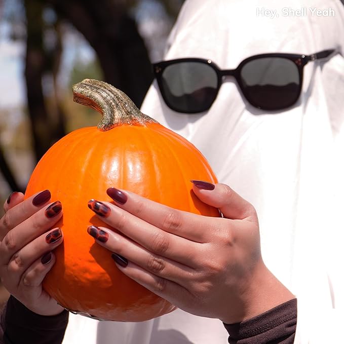 Heyhae Semi Cured Gel Nail Strips | No LED Lamp Needed | Fall, Marble, Brown | Easy Apply & Remove, Salon Quality | Includes 28 Strips, 1 Prep Pads, Nail File & Wooden stick - Hey, Shell Yeah