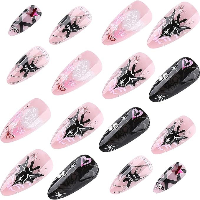 24Pcs Halloween Press on Nails Medium Almond Fake Nails with Gothic Bat Heart Bow Rhinestones Design Glossy Y2k Glitter False Nails Cute Halloween Stick on Nails Cat Nail for Women DIY