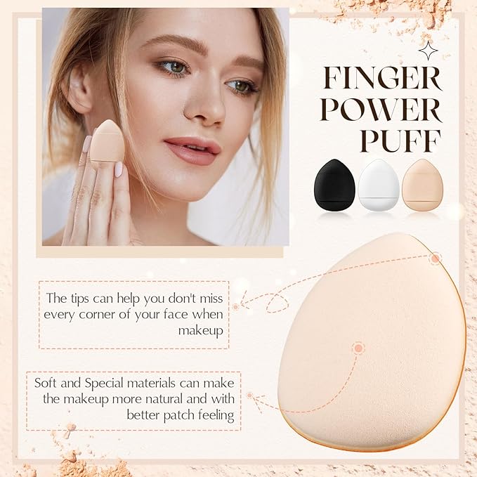 Gerrii 72 Pcs Finger Powder Puff Mini Makeup Sponge Soft Beauty Makeup Blender Puff for Foundation, Face Powder, Under Eye Setting, Concealer, Repair Cream, Cosmetic Tool (Black,White,Skin Color)