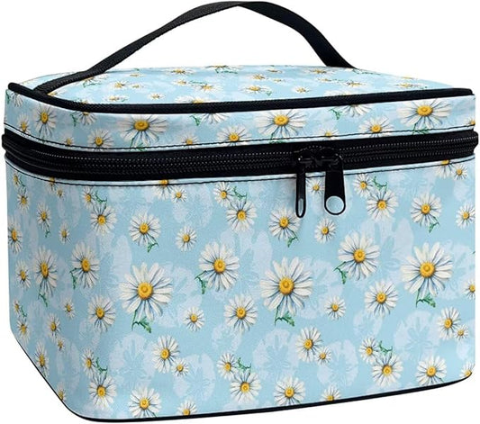 Daisy Flowers Blue Pattern Travel Makeup Bags for Women Portable Tote Cosmetic Case with Carry Handle Toiletry Accessories Storage Organizer Bags