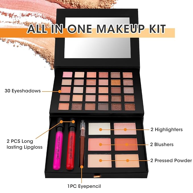 All in One Makeup Kit,Makeup Palette Includes 30 Color Eyeshadow, 2 Color Highlighter，2 Color Pressed Powder，2 Color Blusher，2 Pcs lip gloss，1 Pcs Eyepencil, Mirror,Makeup Gift Set for Women (017N)