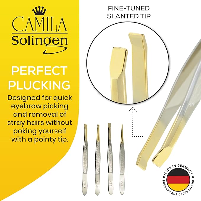 CS29 3 1/2" Gold Tipped, Surgical Grade, German Stainless Steel Tweezers (Slanted) - Flawless Eyebrow and Facial Hair Shaping and Removal for Men/Women