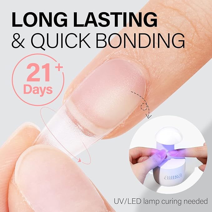 AILLSA 2PCS Gel Nail Glue for Acrylic Nails, 4 in 1 Super Strong Adhesive for False Tips, UV Curing Needed, 15ml High Capacity Extension Brush On for Rhinestone Pearl Foil