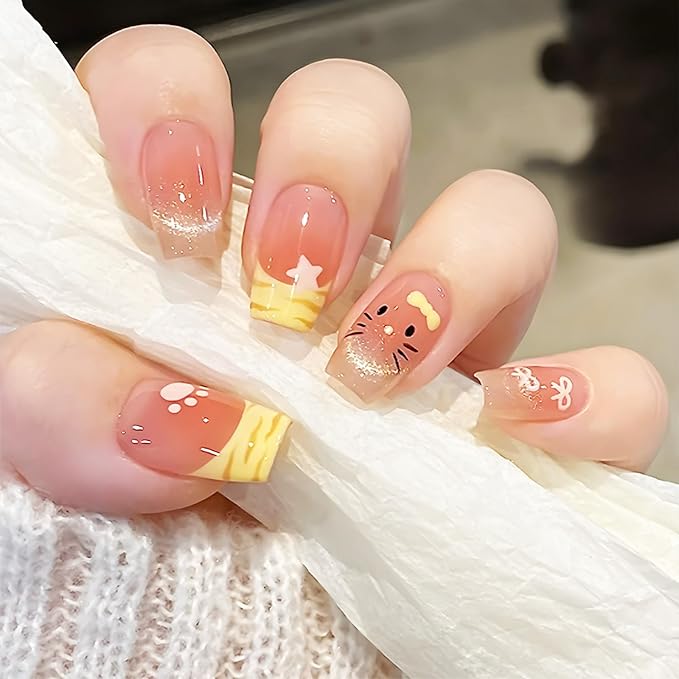 24Pcs Cat Face Press on Nails French Tips Acrylic Full Cover Fake Nails Cat Eye Gel Glue on Fingernails Glossy Yellow Bow Medium Coffin False Nail Stars Stick on Nail for Holiday Manicure Art