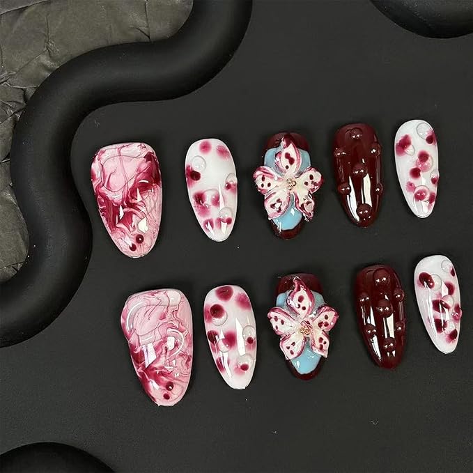 10Pcs Handmade Press on Nails Short Almond Fake Nails Tropical Flower Artificial Nails with 3D Rhinestones Designs Summer False Nails Red Glossy Acrylic Nails Full Cover Stick on Nails for Women