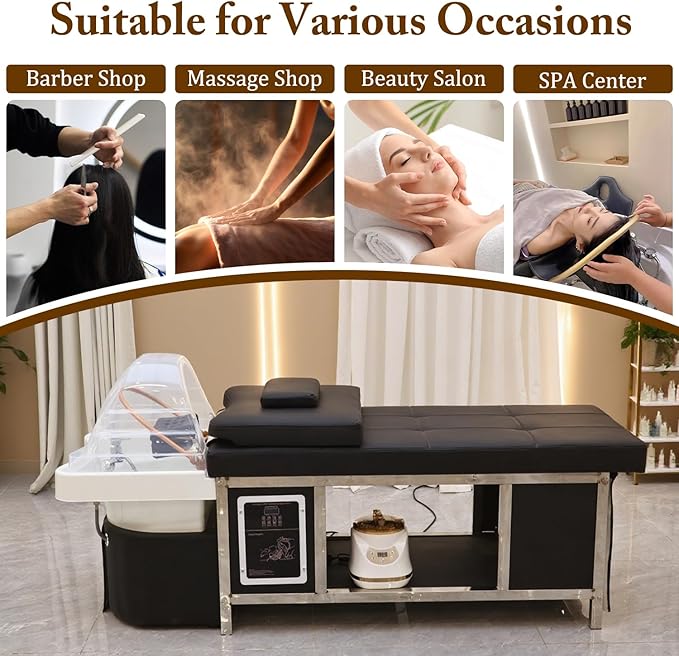 Stationary Head Spa Bed, Massage Shampoo Bed with Steaming & Water Circulation, Steel Headspa Equipment, Professional Massage Table for Beauty Salon Barber,Stainless Steel