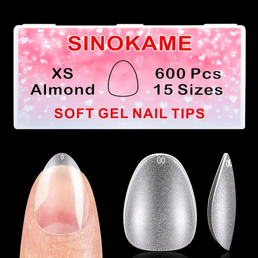 Extra Short Almond Nail Tips, SINOKAME No File Gel Nail Tips with Tip Primer Cover, Almond Clear Gel Press on Fake Nails Short for Nail Extensions,600Pcs 15 Sizes