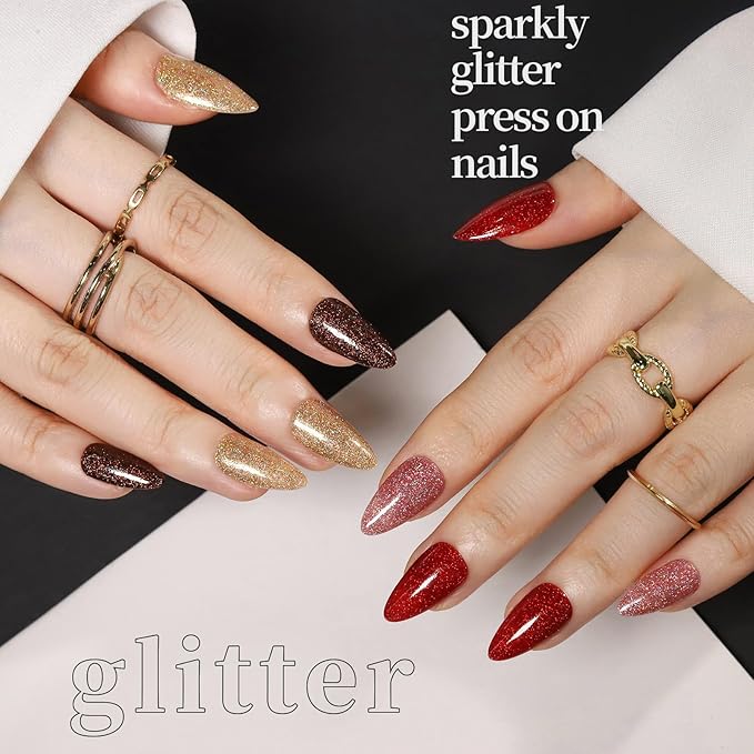 FANDAMEI Press on Nails Almond, 24 Colors 576PCS Short Press on Nails, Cat Eye Nails Short Almond, Glossy Glitter Nails Press On French Tip, Natural Fit Lightweight Fake Nails for Christmas Nail Art