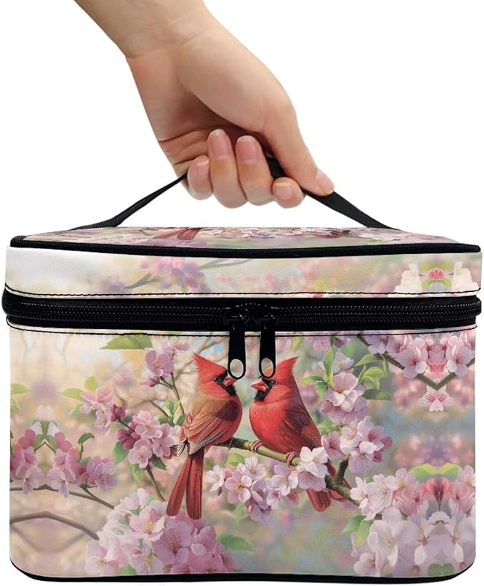 Cardinal Pink Cherry Blossom Print Travel Makeup Bags for Women Portable Tote Cosmetic Case with Carry Handle Toiletry Accessories Storage Organizer Bags