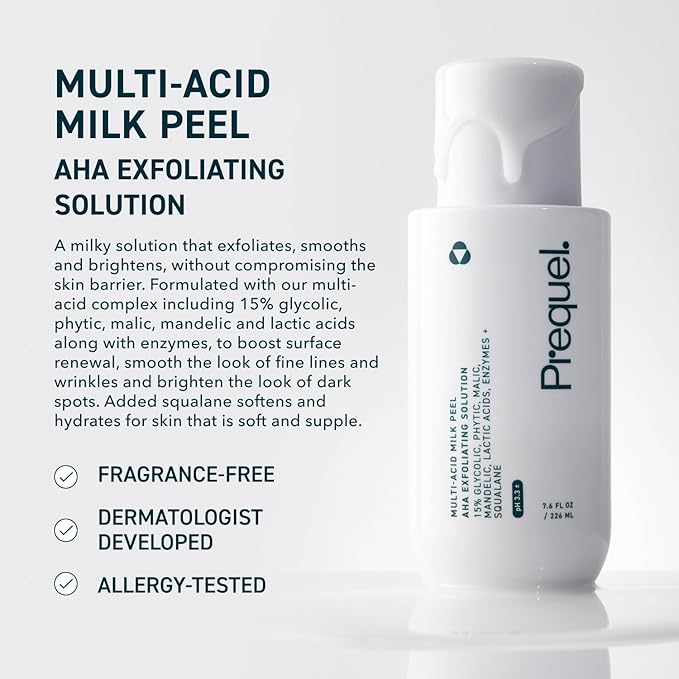 Prequel Skin Multi-Acid Milk Peel, Professional Exfoliating Solution. 15% Glycolic Acid Face Peel with Lactic Acid and Enzymes. Hydrating Chemical Exfoliant. Clinical Strength Formula, 7.6oz Bottle.
