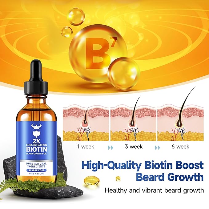 Beard Growth Oil - 2X Concentration Biotin Beard Oil for Men (2 oz) - Natural Mens Beard Oil with Argan Oil, Jojoba Oil and Vitamin, Beard Growth Softener, Moisturizer (Sandalwood)