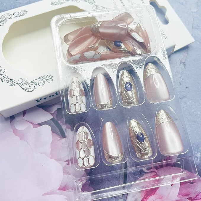 Almond Press on Nails Gold French Tip Fake Nails with Designs Chrome Acrylic Nails Glossy Nude Pink Full Cover Stick on Nails Artificial Almond Nails Tips False Nails for Women Manicure 30Pcs
