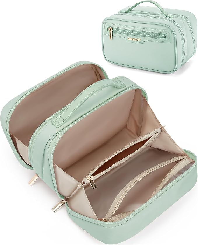 BAGSMART Travel Makeup Bag Large Capacity Cosmetic Bag, Wide-open Portable Make Up Bag Organizer for Women for Travel Essentials Toiletries Accessories Bottles, Brushes (Green)