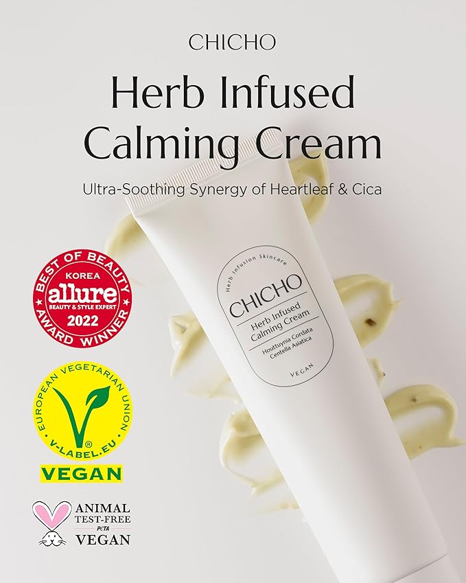 CHICHO Herb Infused Calming Cream - Korean Face Moisturizer with 68.8% Heartleaf & 6-Cica Complex - For Sensitive Acne Prone Skin, Vegan Clean Formula, 2.37 fl.oz.