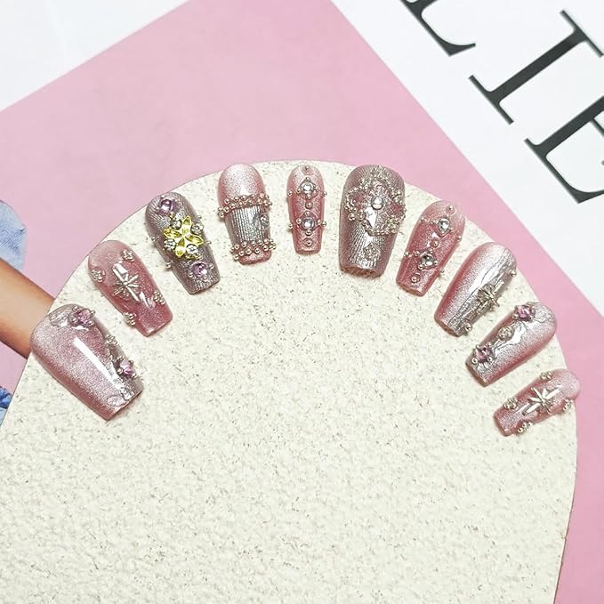 10Pcs Christmas Press on Nails Long Square Handmade Fake Nails with 3D Snowflake Star Gems Design Pink Glitter False Nails Xmas Stick on Nail Winter Glue on Nails Full Cover Artificial Nail for Women