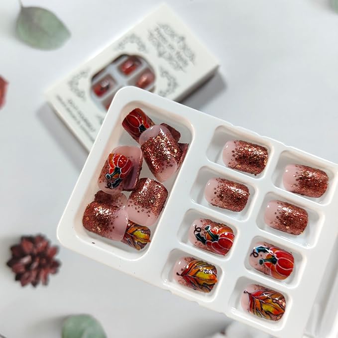 24Pcs Thanksgiving Press on Nails with Maple Leaf Pumpkin Designs Short Square Acrylic Fake Nails Gold Glitter False Nails Full Cover Stick on Fingernails Autumn Gel Glue on Nail for Women
