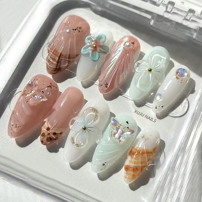 30Pcs Summer Beach Press on Nails Medium Almond French Tip Fake Nails 3D Flower Butterfly Rhinestones Design Glitter Full Cover Stick on Nails Reusable Flower False Nails for Women Girls Acrylic Nails